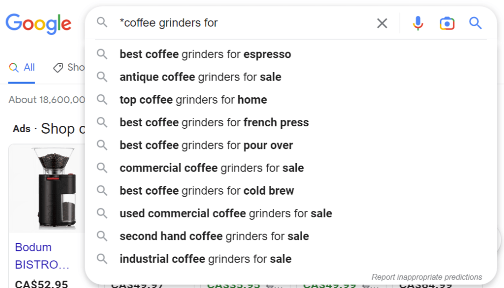 Google's auto-suggest feature example using the wildcard operator with "for".