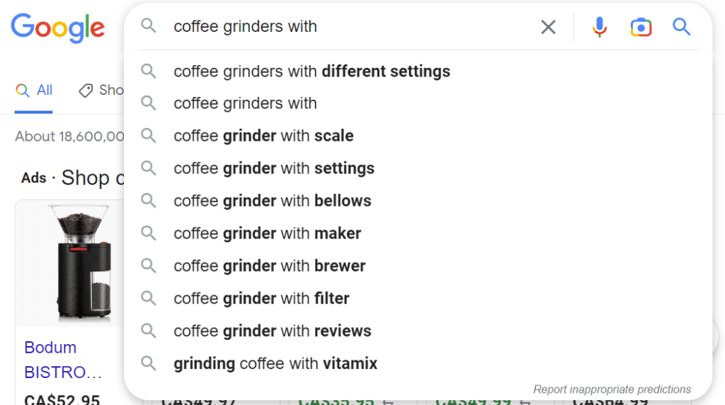Google's auto-suggest feature example using "with".
