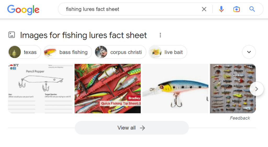 Google's image results example for "fishing lures fact sheet".