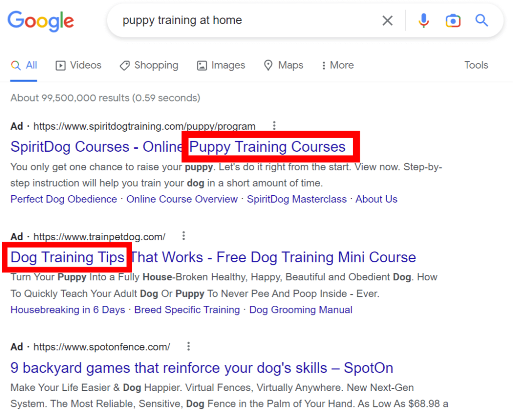 Google's paid ads results example for "puppy training at home".