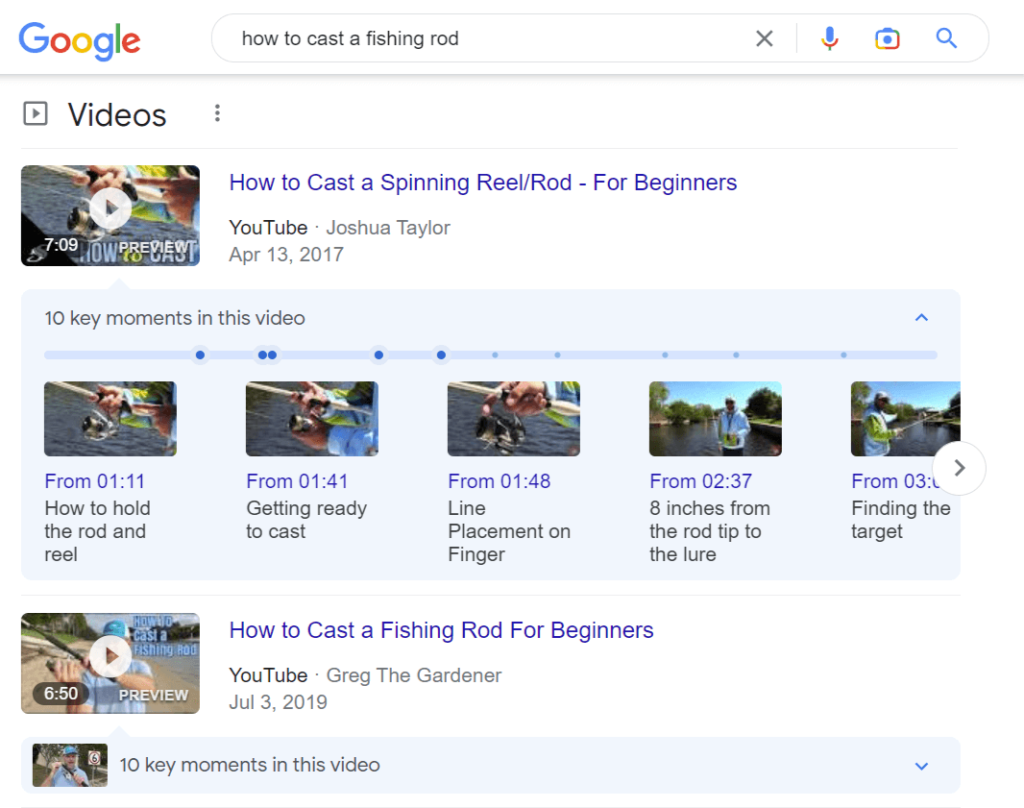Google's video features example for "how to cast a fishing rod".