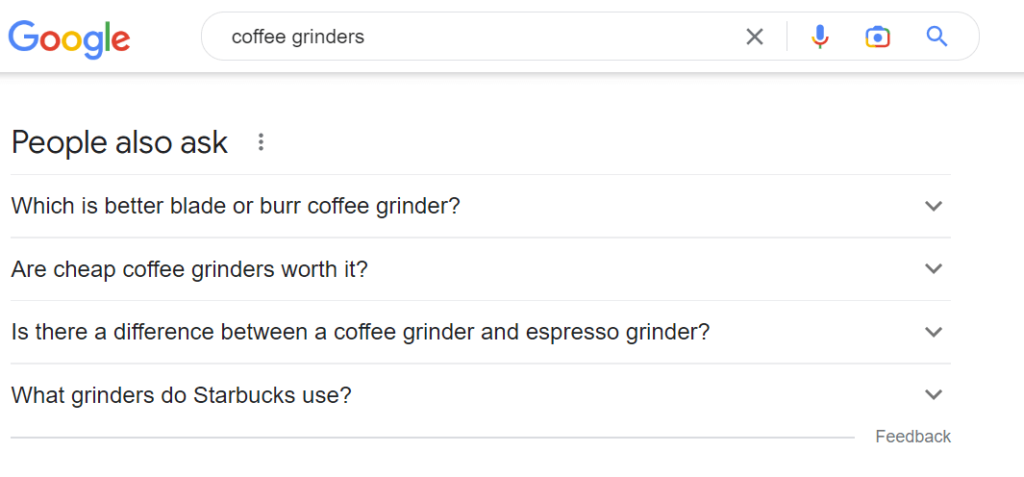 Google's People also ask example for "coffee grinders".