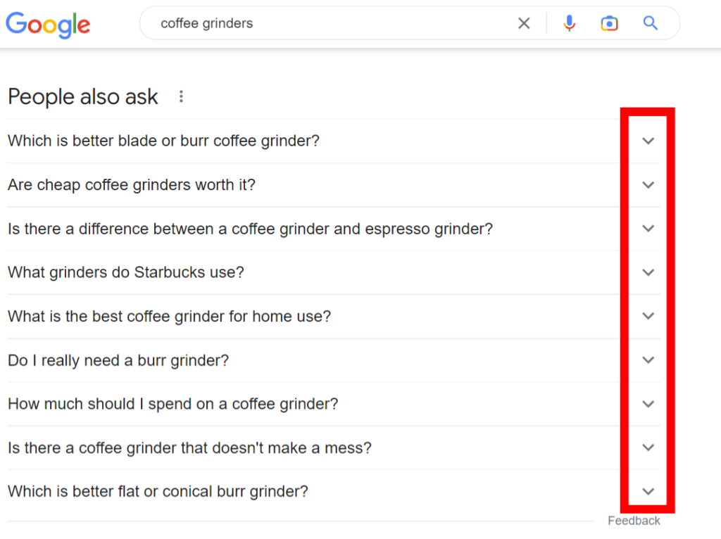 Google's People also ask section highlighting the drop down buttons.