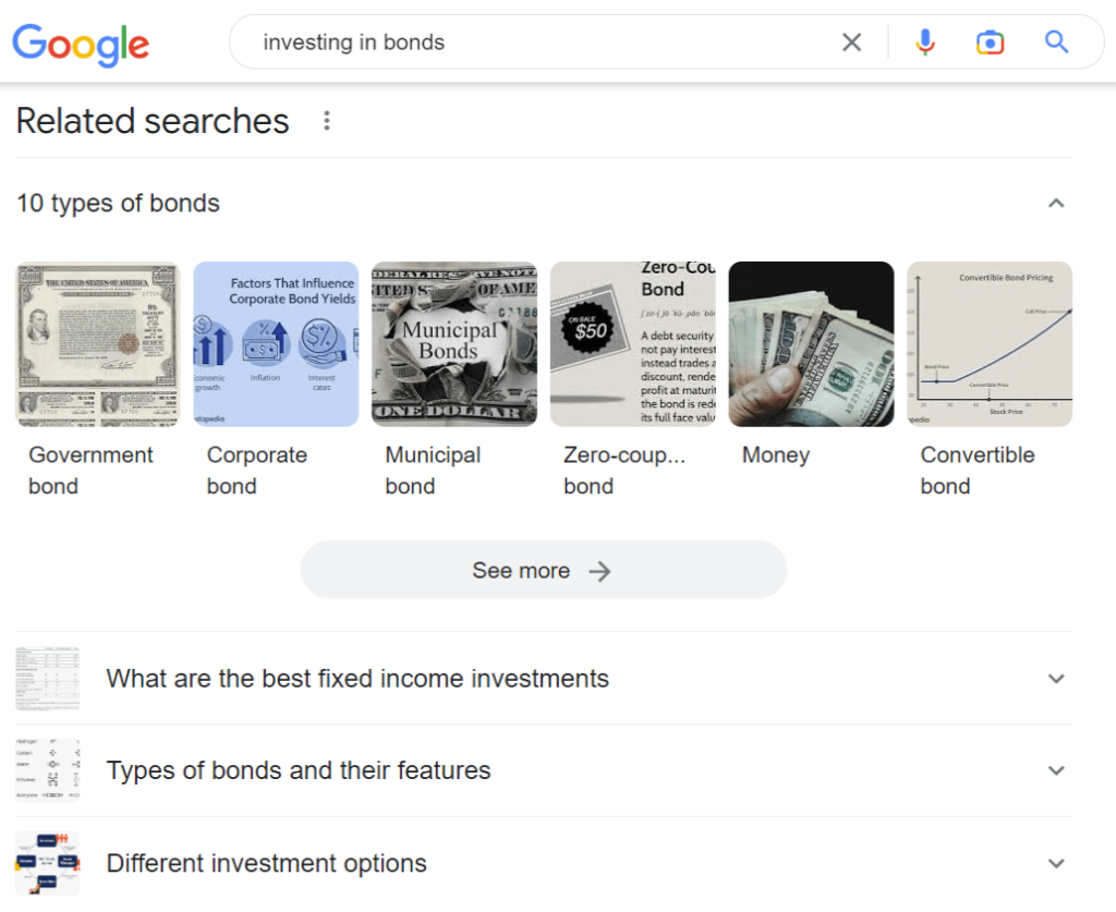 Part 1 of Google's related searches section example for "investing in bonds".