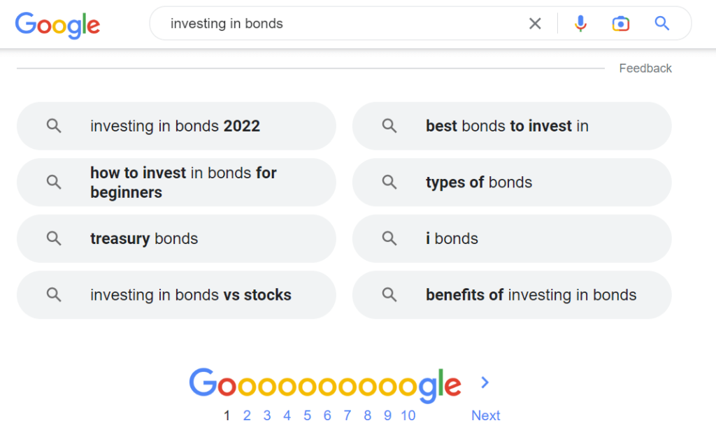 Part 2 of Google's related searches section example for "investing in bonds".