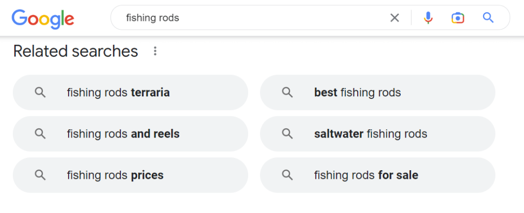 Google's related searches section example for "fishing rods".
