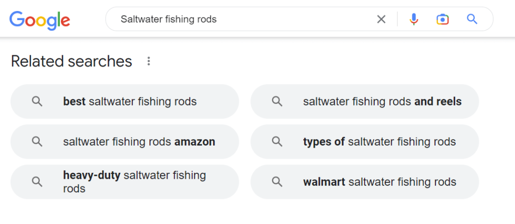 Google's related searches section example for "saltwater fishing rods".