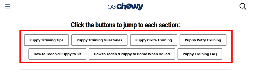 Organic landing page example for main heading sections about puppy training.