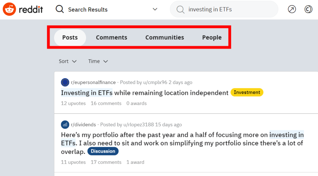 Reddit results page highlighting the "posts", "comments", "communities" and "people" filters.