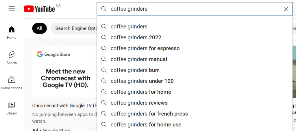 YouTube's auto-suggest feature example for "coffee grinders".
