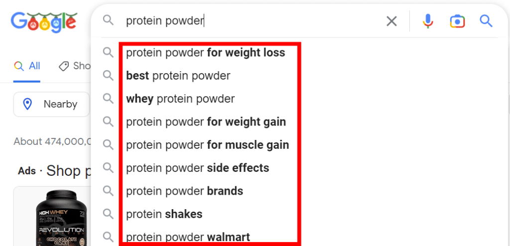 Google's auto-suggest feature example for the keyword "protein powder". 