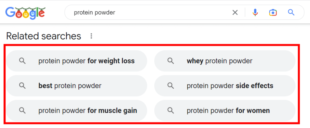Google's related searches example for "protein powder".