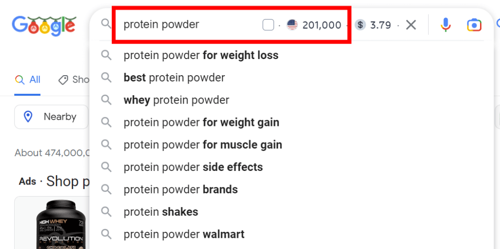Keyword Surfer browser extension example for "protein powder".