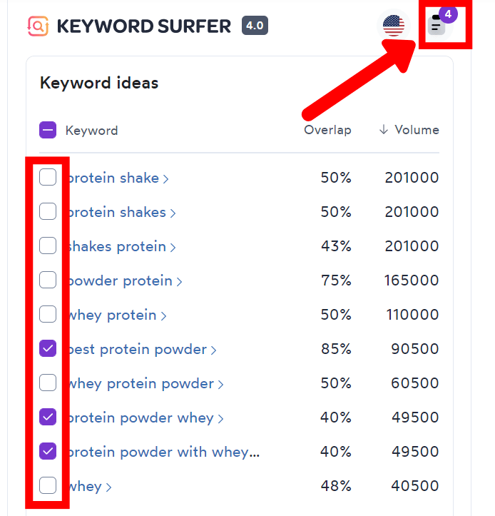 Keyword Surfer interface showing the clipboard and keyword selections.