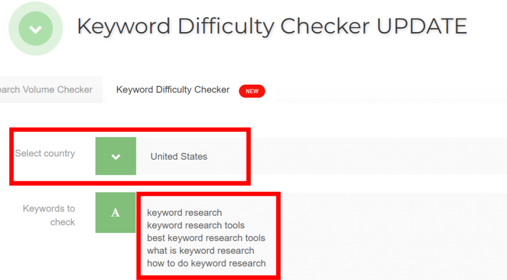 Keyword Difficulty Tool showing country selection and keyword input area.