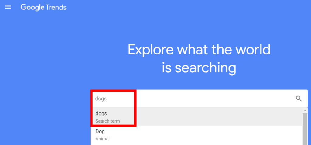 Google Trends' search bar with the search term "dogs".