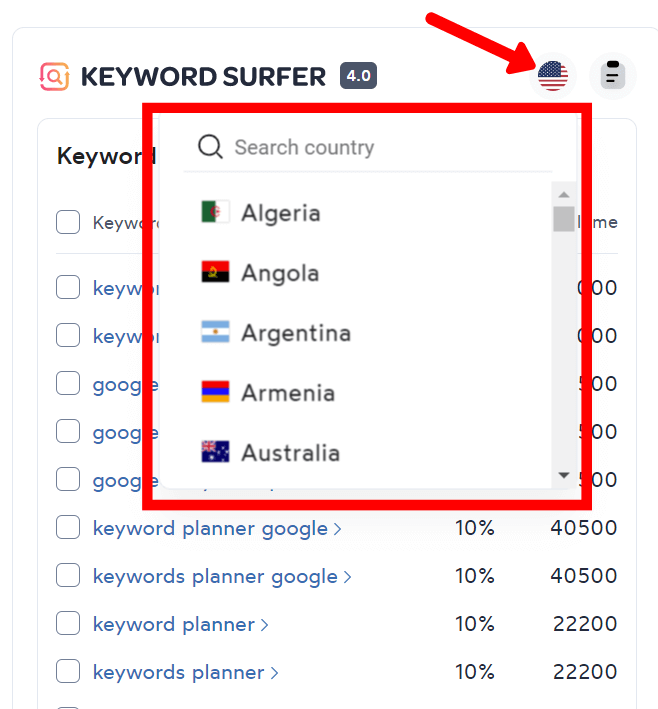Keyword Surfer country selection area.