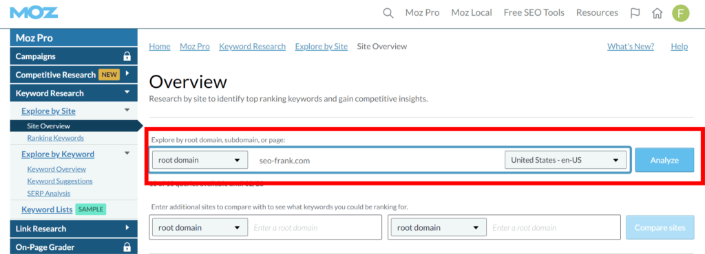 Site Overview tool with "seo-frank.com" entered into the toolbar.