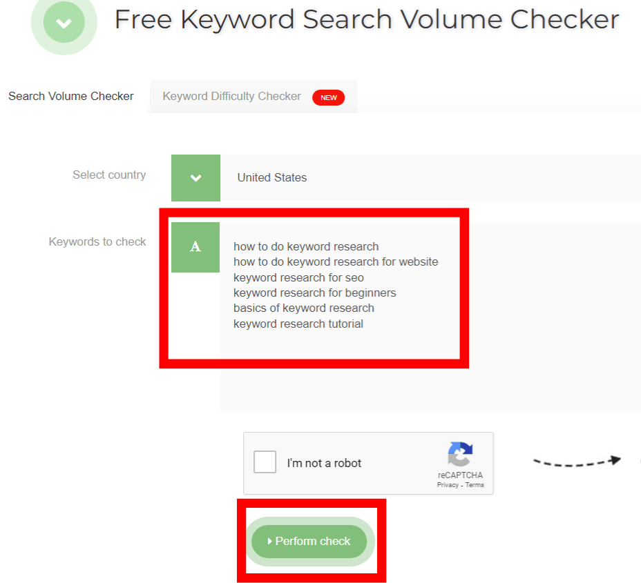 SEO Review Tools search volume checker interface.
